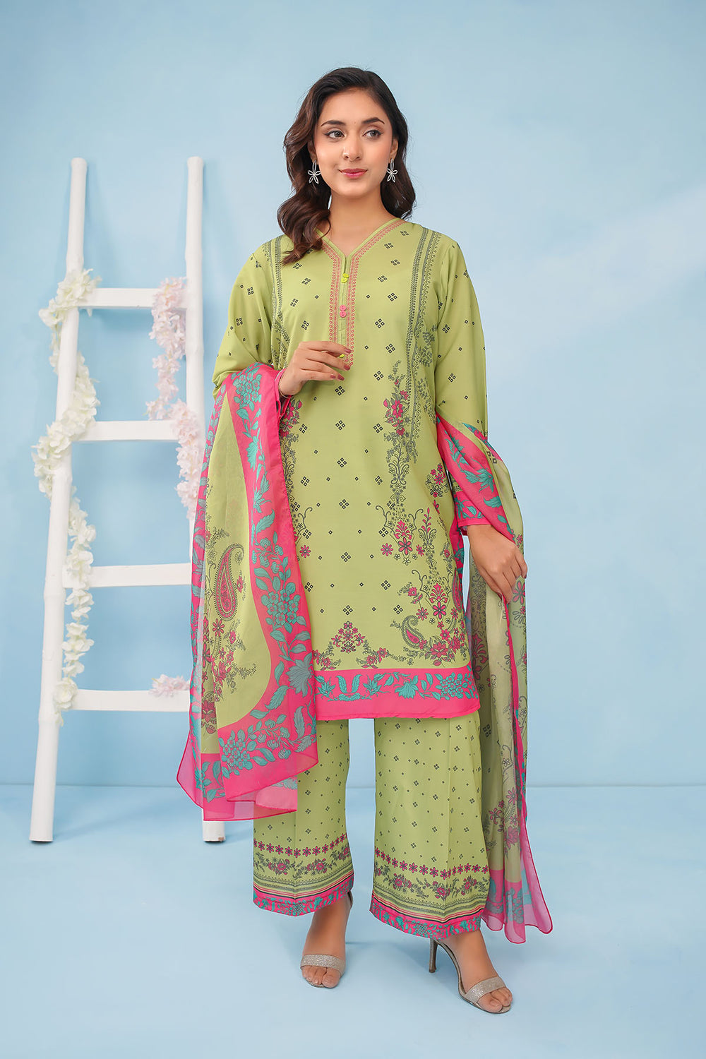 Poly Lawn Digital Printed Lime Green Stitched Suit - Ochre Janan Poly Lawn Digital Printed Lime Green Stitched Suit - Ochre Janan