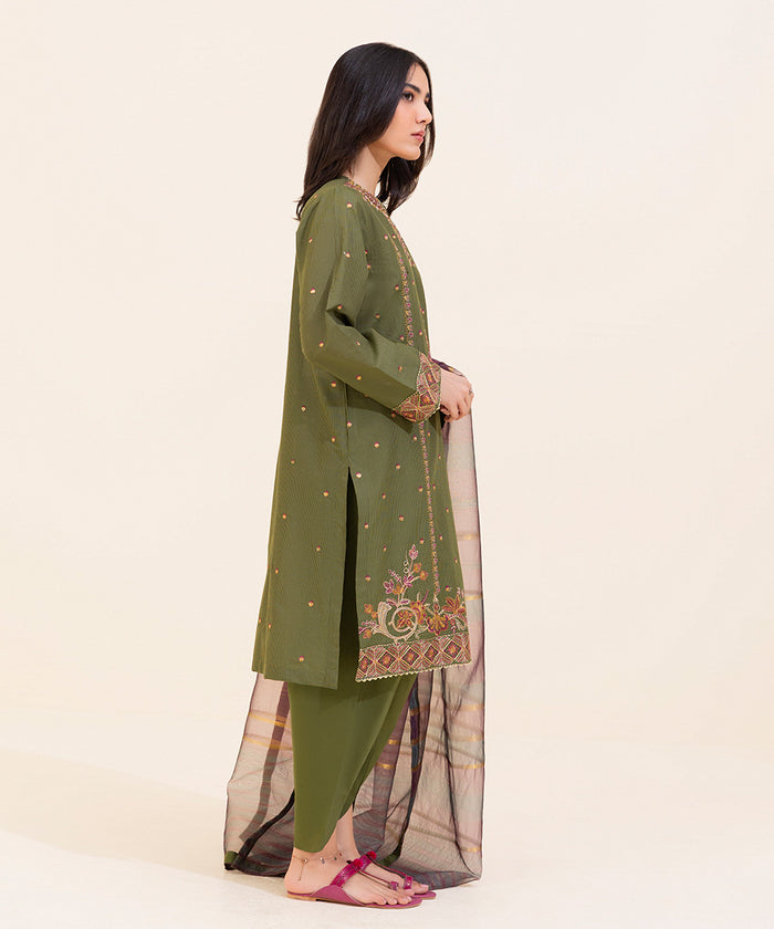 Embroidered Zari Lawn Green 3 Piece Suit - Sapphire