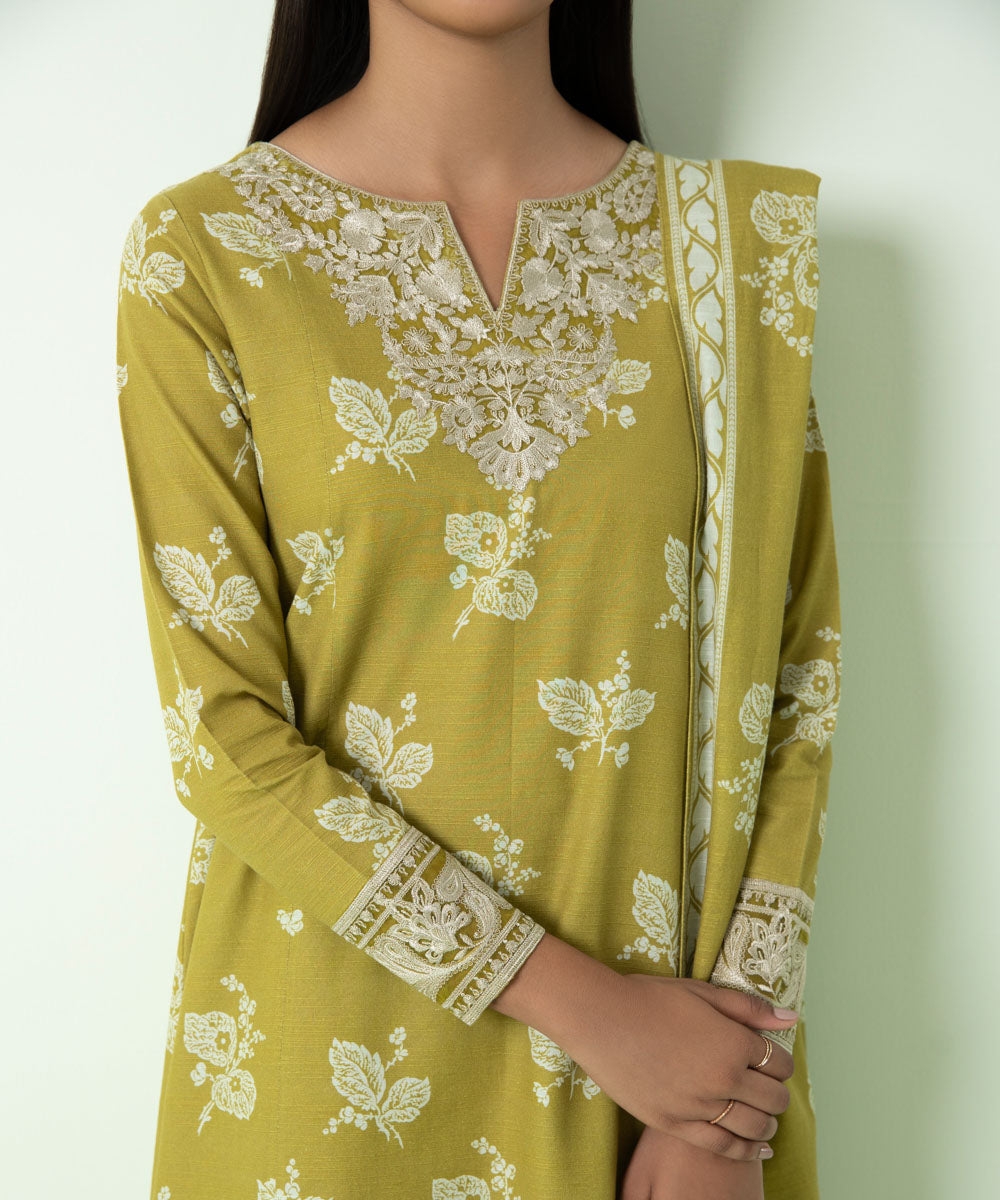 Embroidered Light Khaddar Lime 3 Piece Suit - Sapphire