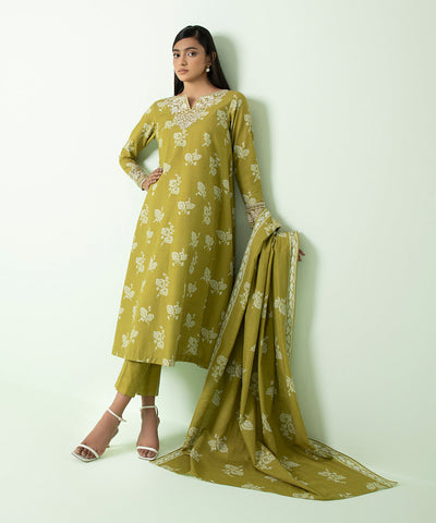 Embroidered Light Khaddar Lime 3 Piece Suit - Sapphire