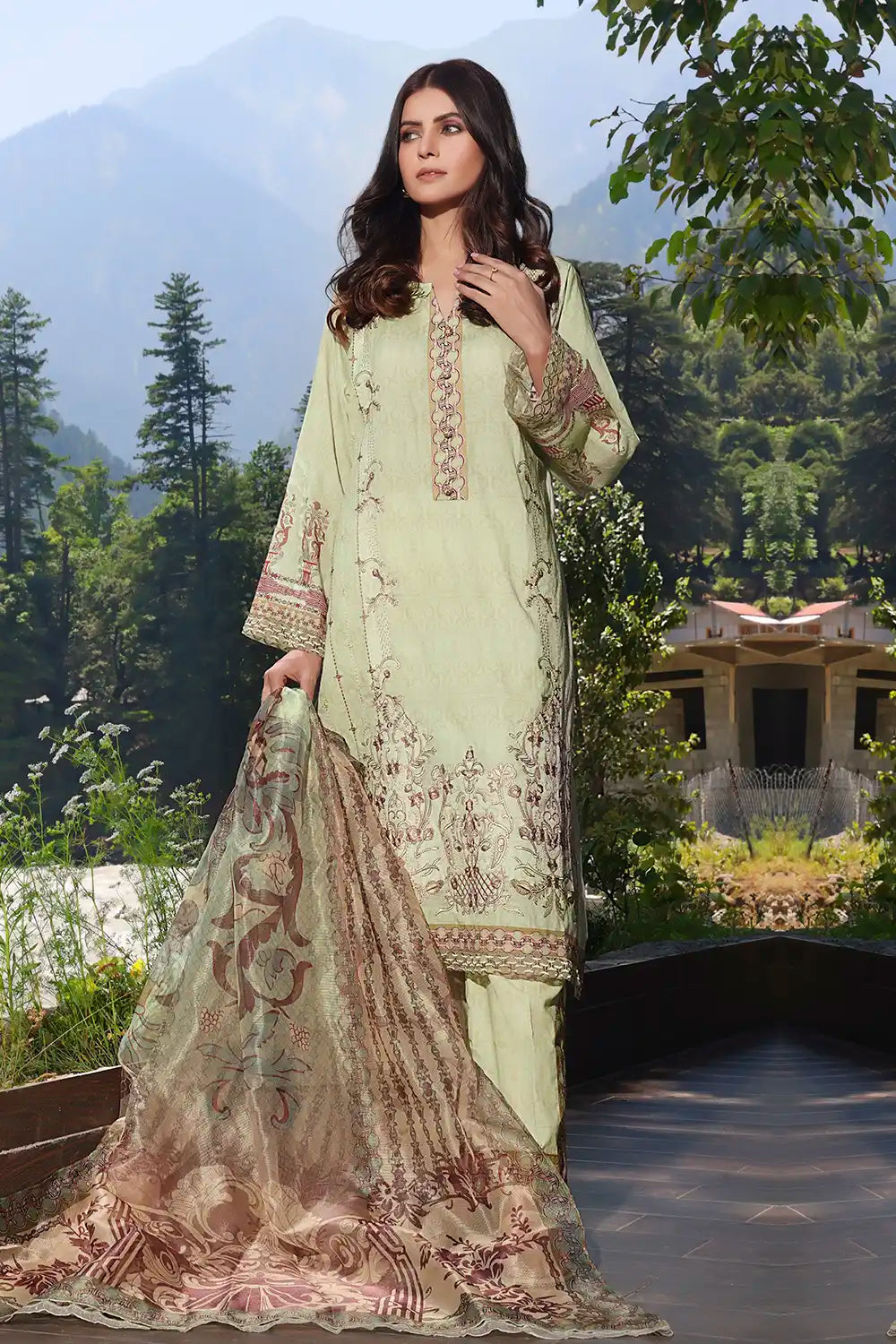 Embroidered Lawn Green 3 Piece Stitched Suit - Khas