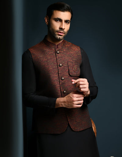 Polyester Maroon Waist Coat - J. Junaid Jamshed