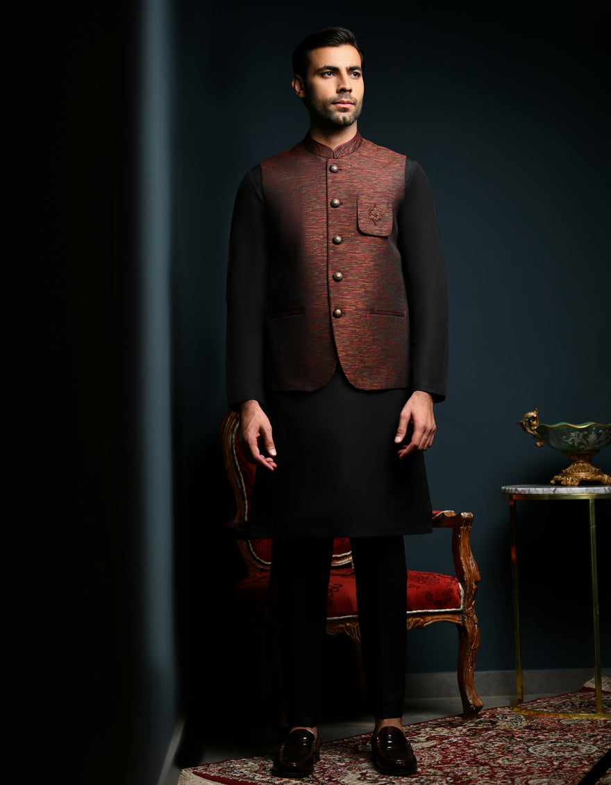 Polyester Maroon Waist Coat - J. Junaid Jamshed