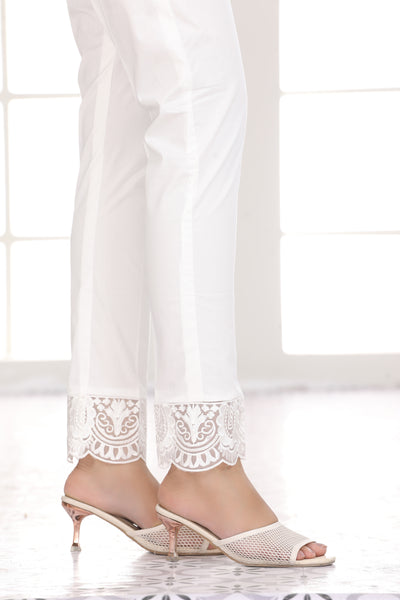 White Cotton Organza Lace Trousers - Stonez