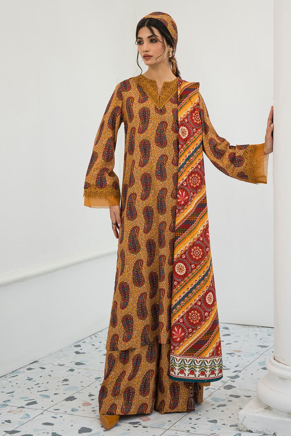 Digital Printed Corduroy Yellow 3 Piece Suit - Jazmin Iris