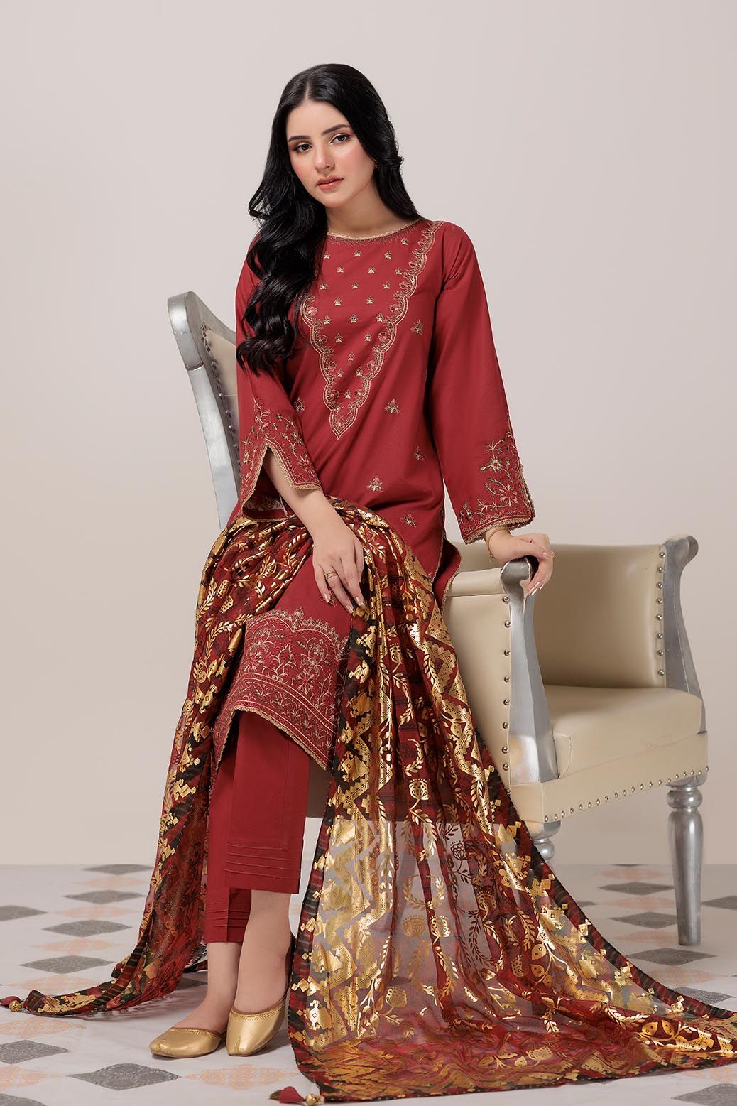 Dyed Red 3 Piece Stitched Suit - Bonanza