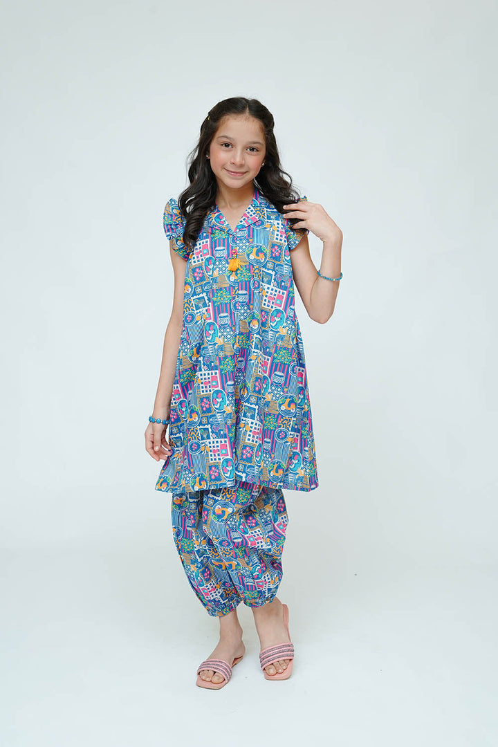 Cotton Lawn Printed Blue Printed Stitched Suit - Senorita