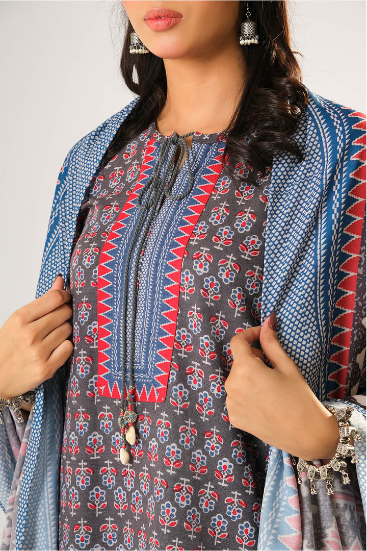 Cotton Khaddar Printed Grey Stitched Suit - Senorita