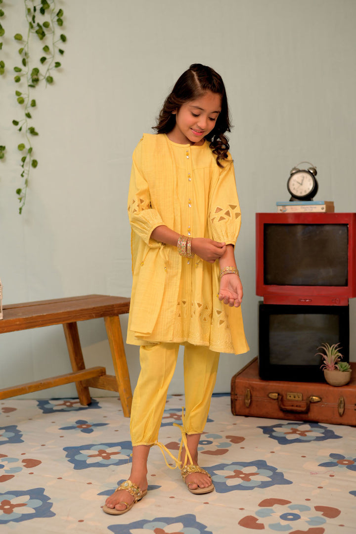 Cotton Self Dobby Yellow Stitched Suit - Senorita