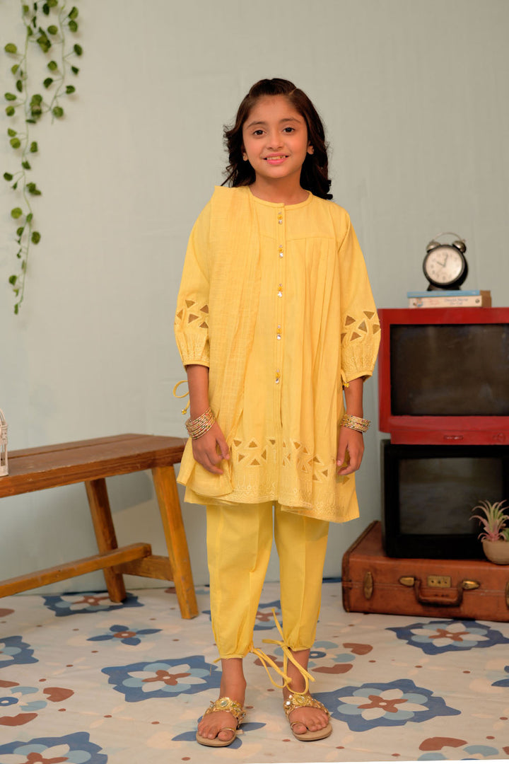 Cotton Self Dobby Yellow Stitched Suit - Senorita