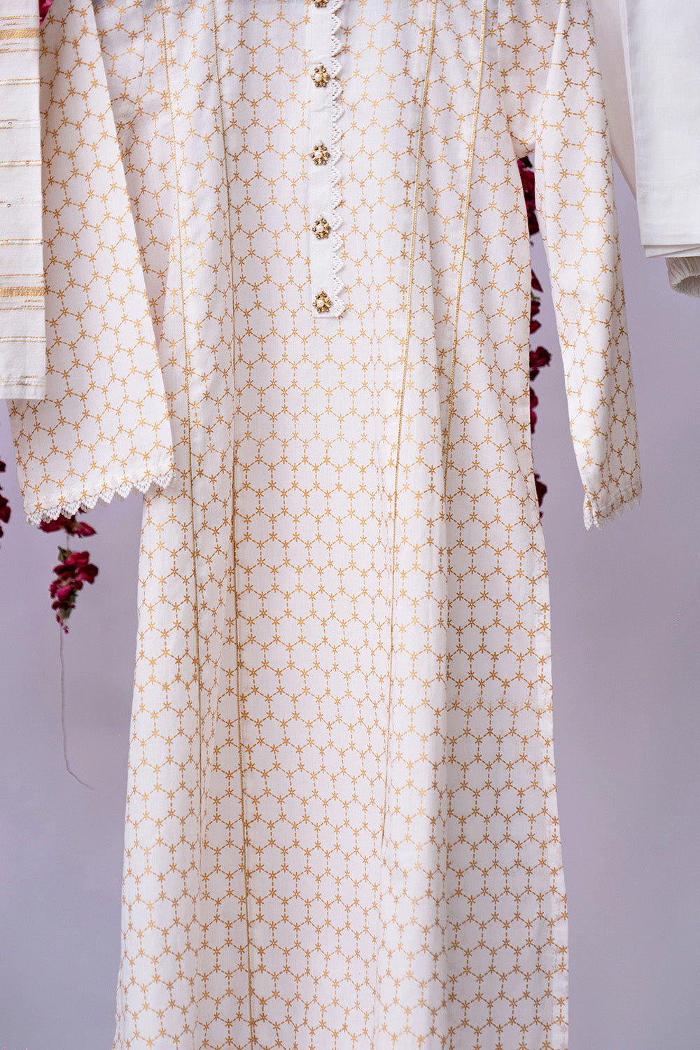 Cotton Cambric White & Gold Stitched Suit - Senorita
