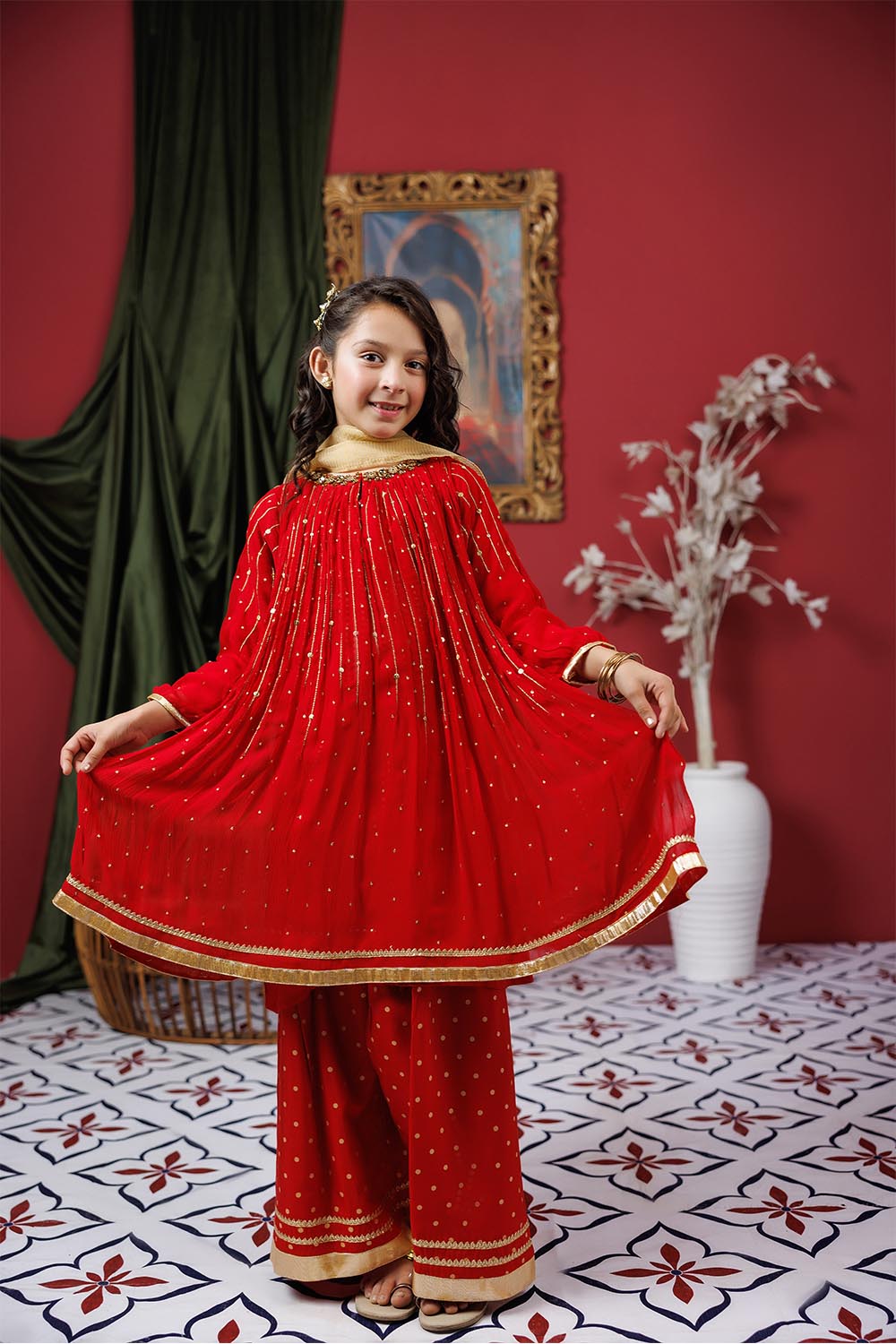 Viscose Crinkle Chiffon Red Stitched Suit - Senorita