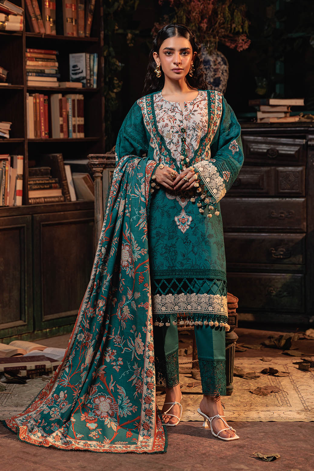 Khaddar Teal Unstitched Suit - Bonanza