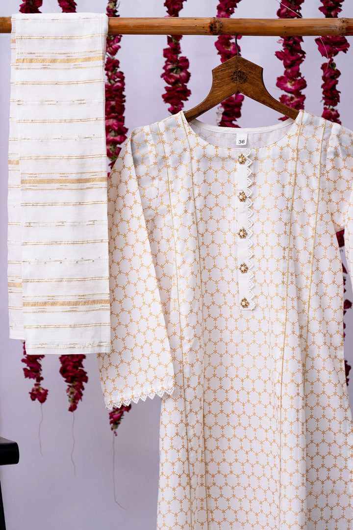 Cotton Cambric White & Gold Stitched Suit - Senorita