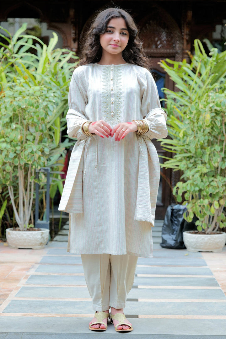 Cotton Dobby Jacquard Off White Stitched Suit - Senorita