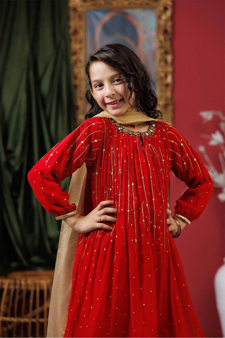 Viscose Crinkle Chiffon Red Stitched Suit - Senorita