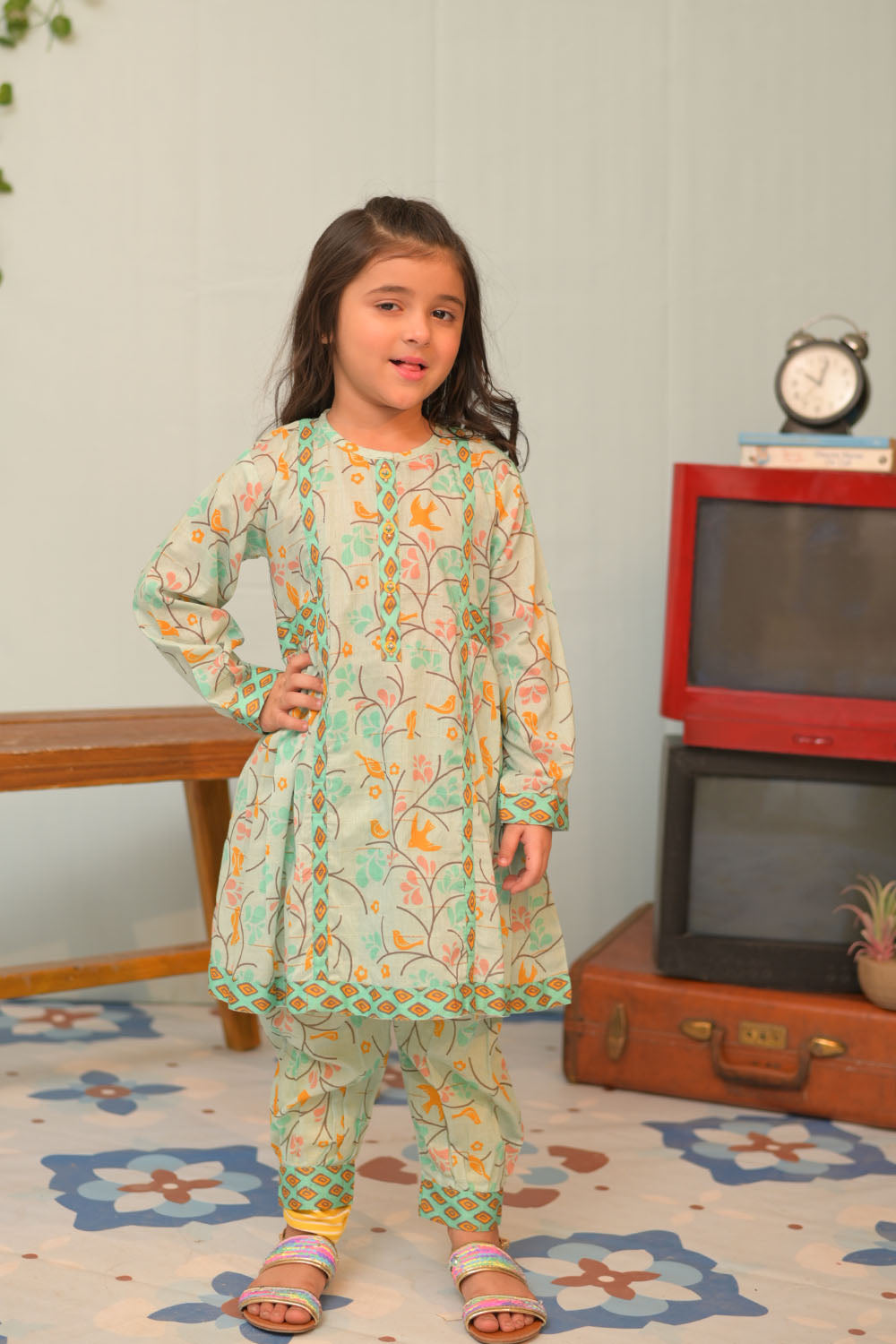 Cotton Dobby Print Sea Green Stitched Suit - Senorita