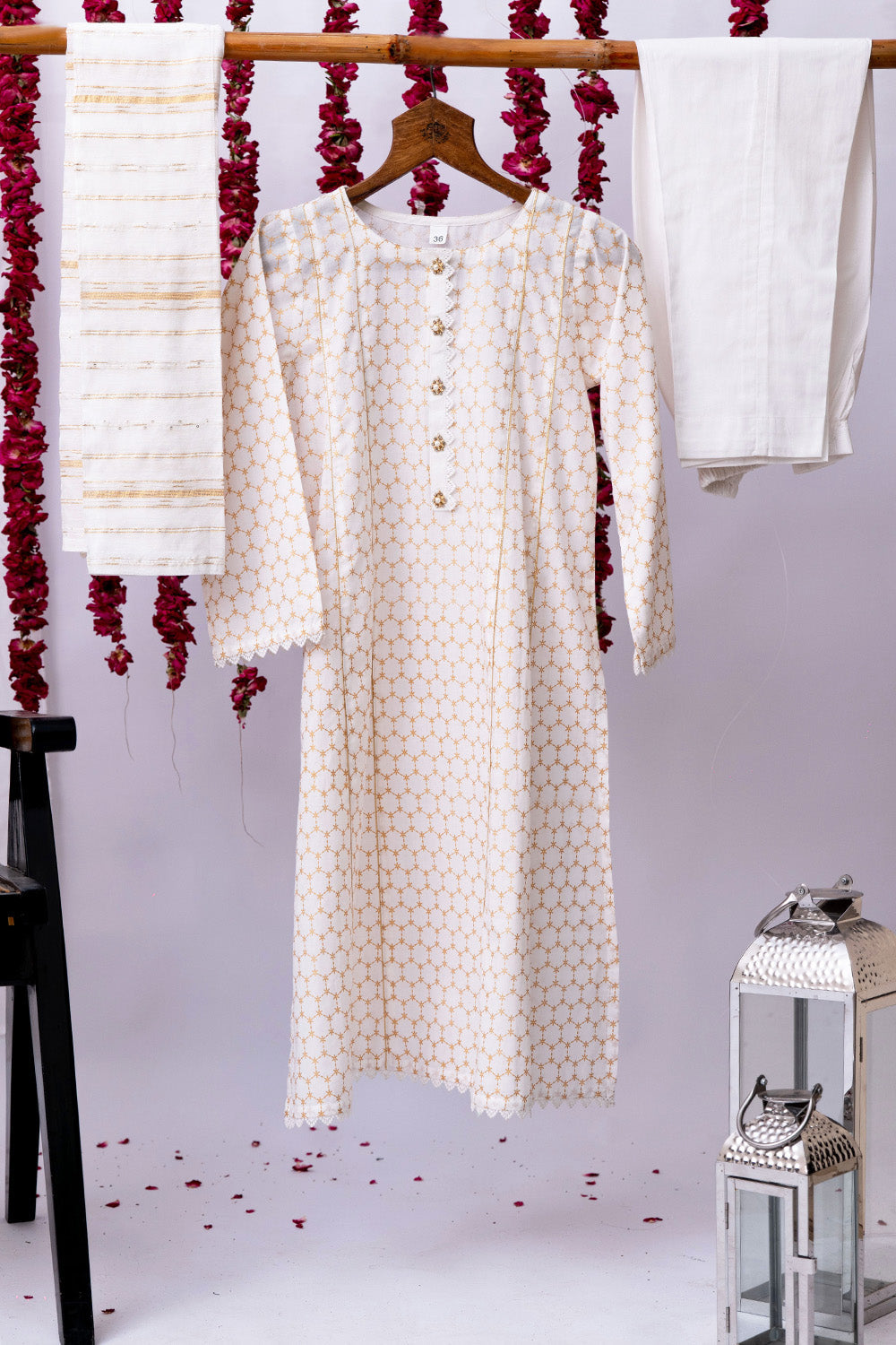 Cotton Cambric White & Gold Stitched Suit - Senorita