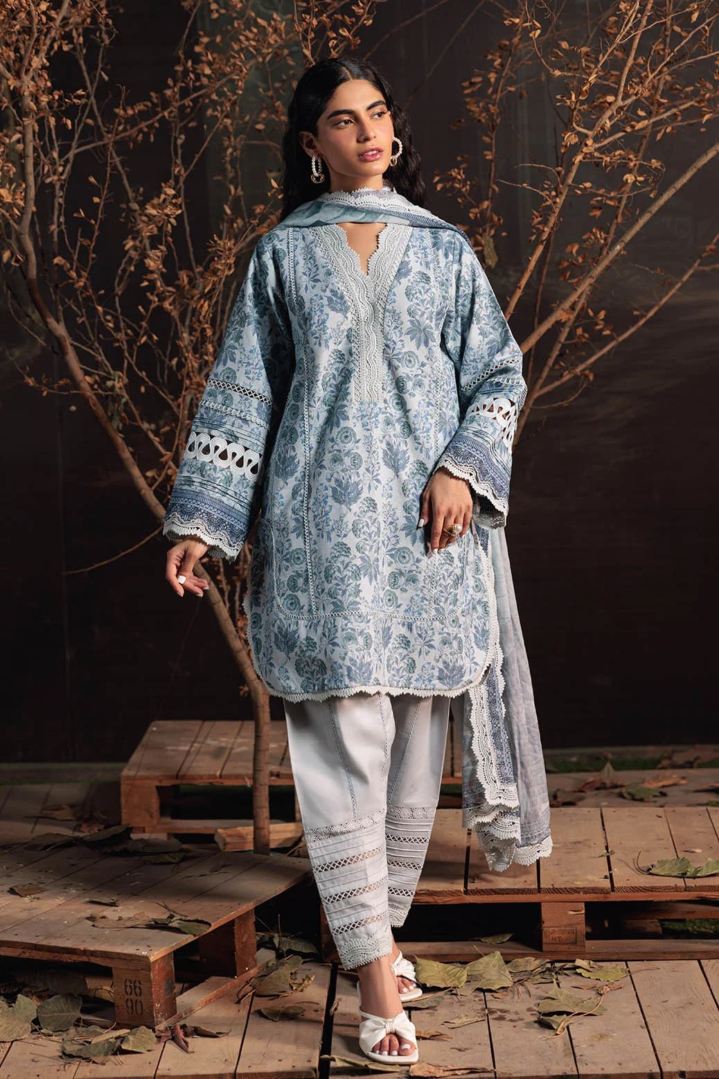 Khaddar Blue Unstitched Suit - Bonanza