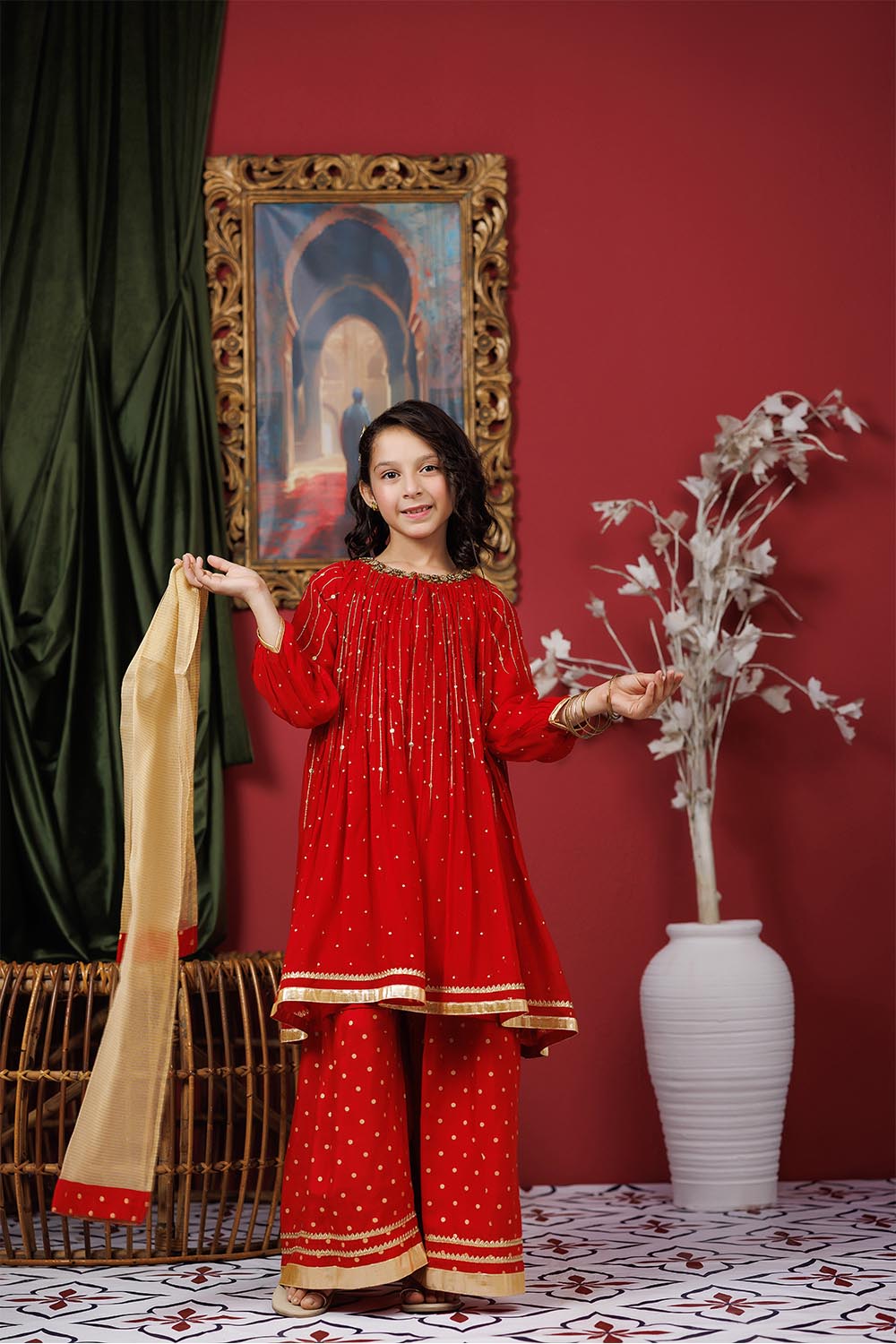 Viscose Crinkle Chiffon Red Stitched Suit - Senorita
