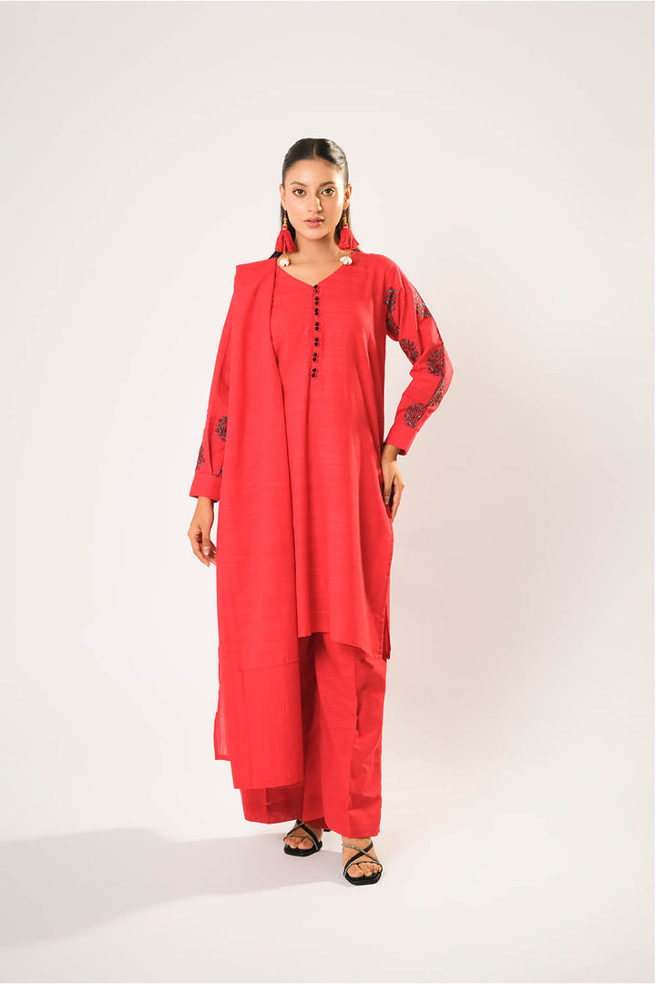 Cotton Khaddar Plain Red Stitched Suit - Senorita