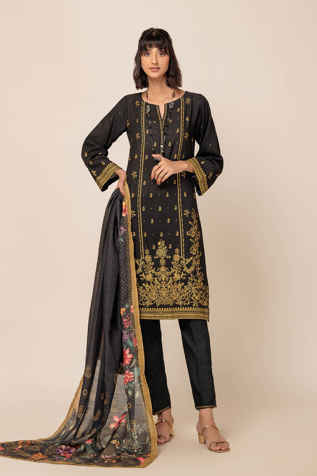 Printed Ayudia Black Unstitched Suit - Bonanza