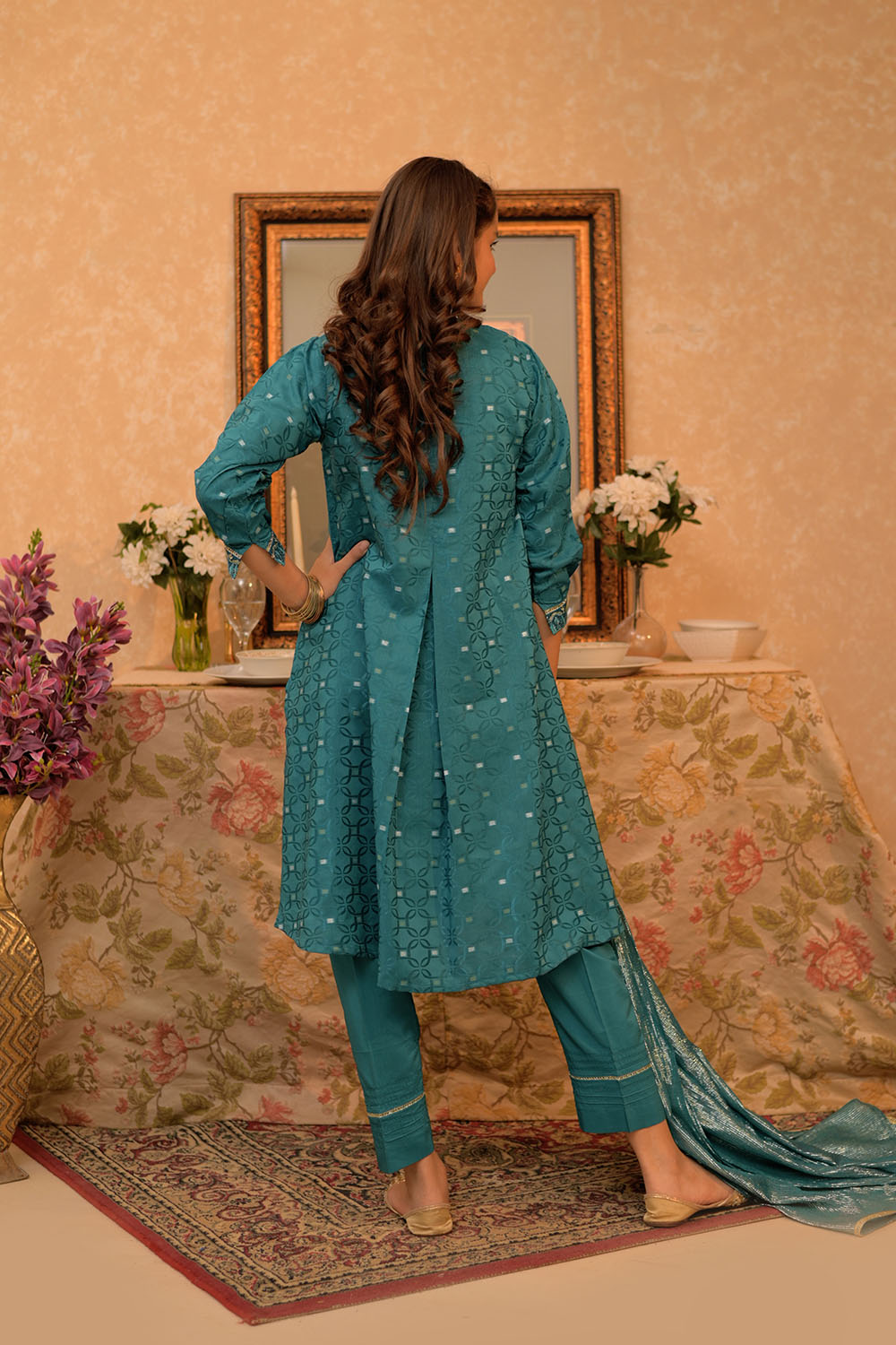 Cotton Viscose Filament Jacquard Turquoise Stitched Suit - Senorita