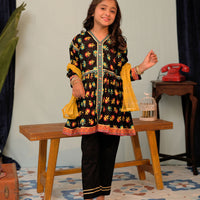 Cotton Lawn Gold Printed Black Stitched Suit - Senorita