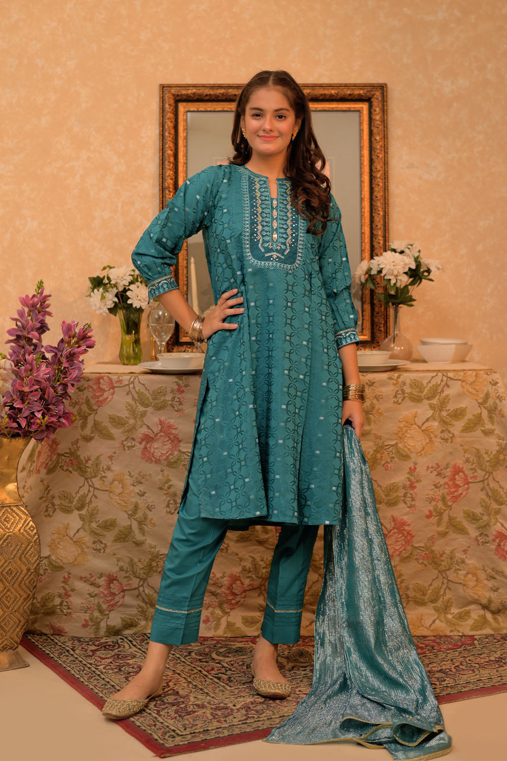 Cotton Viscose Filament Jacquard Turquoise Stitched Suit - Senorita