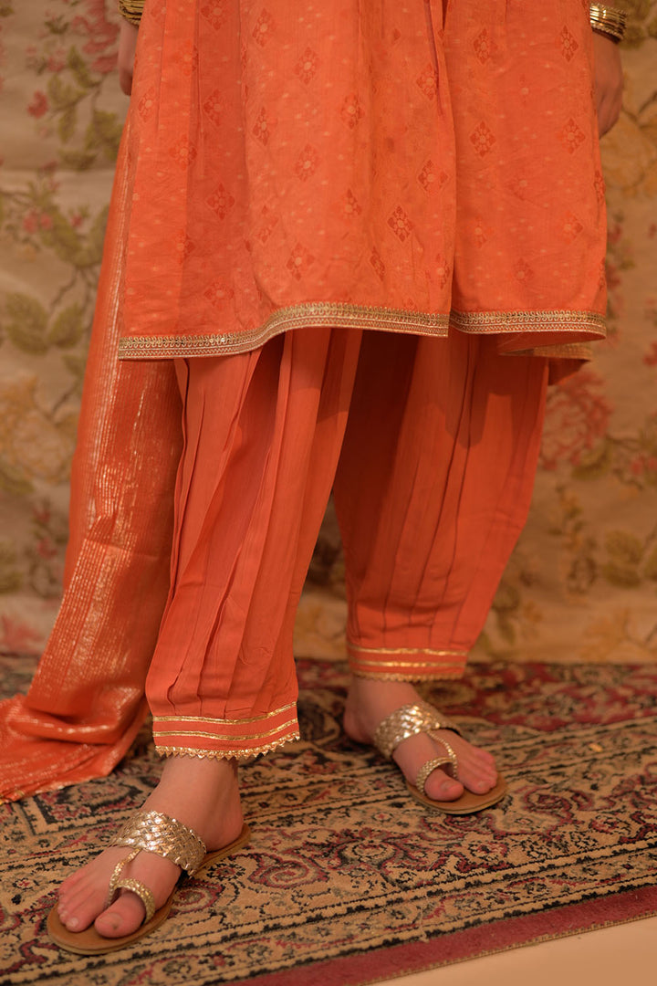 Viscose Cotton Filament Jacquard Orange & Gold Stitched Suit - Senorita