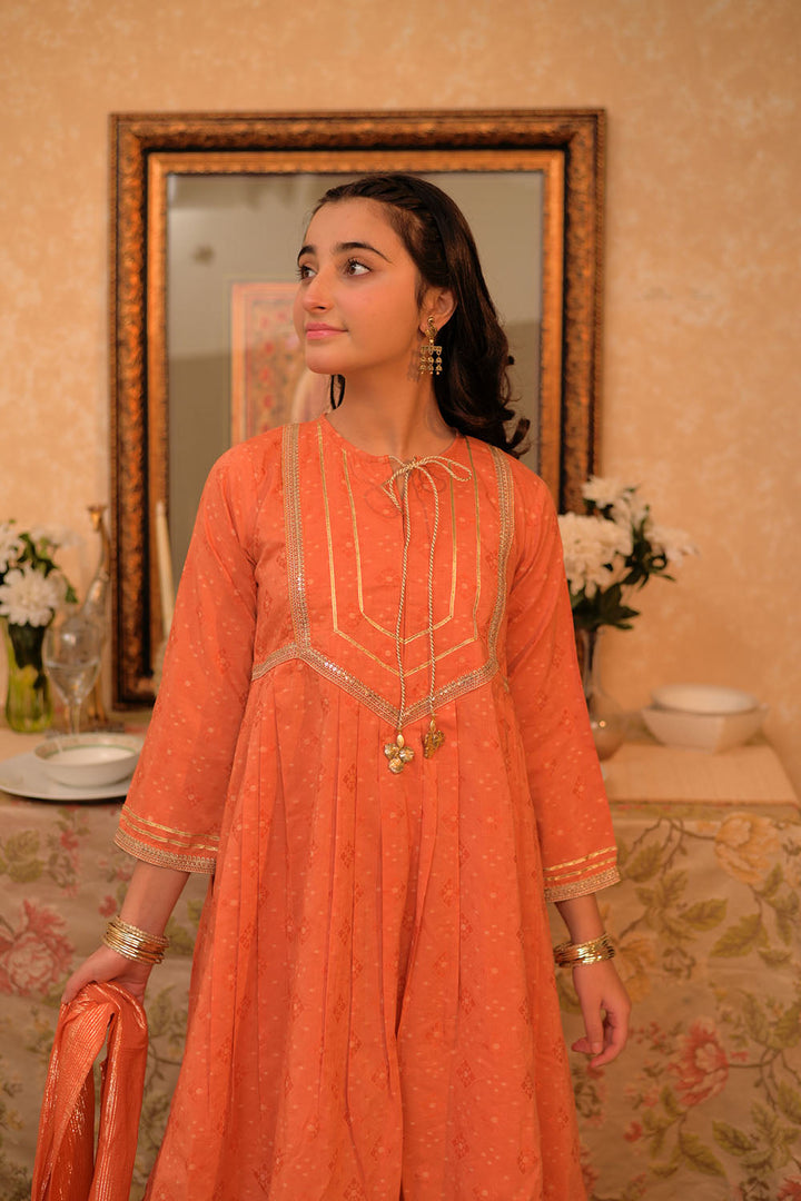 Viscose Cotton Filament Jacquard Orange & Gold Stitched Suit - Senorita