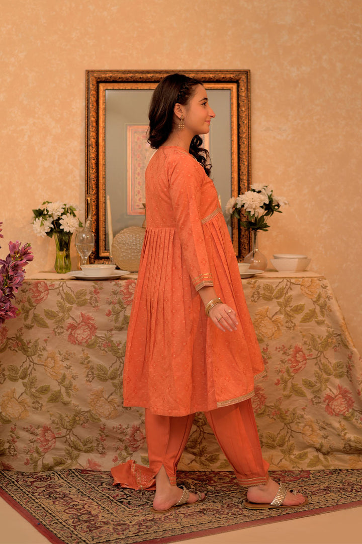 Viscose Cotton Filament Jacquard Orange & Gold Stitched Suit - Senorita