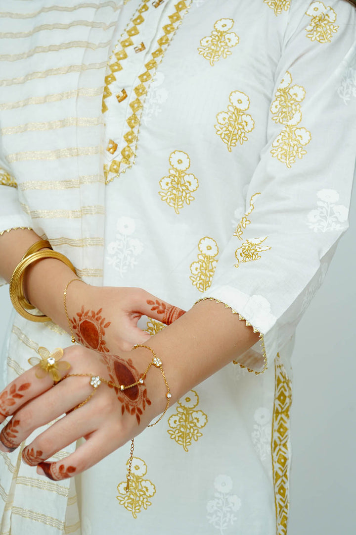 Cotton Lawn Glitter Print White & Gold Stitched Suit - Senorita