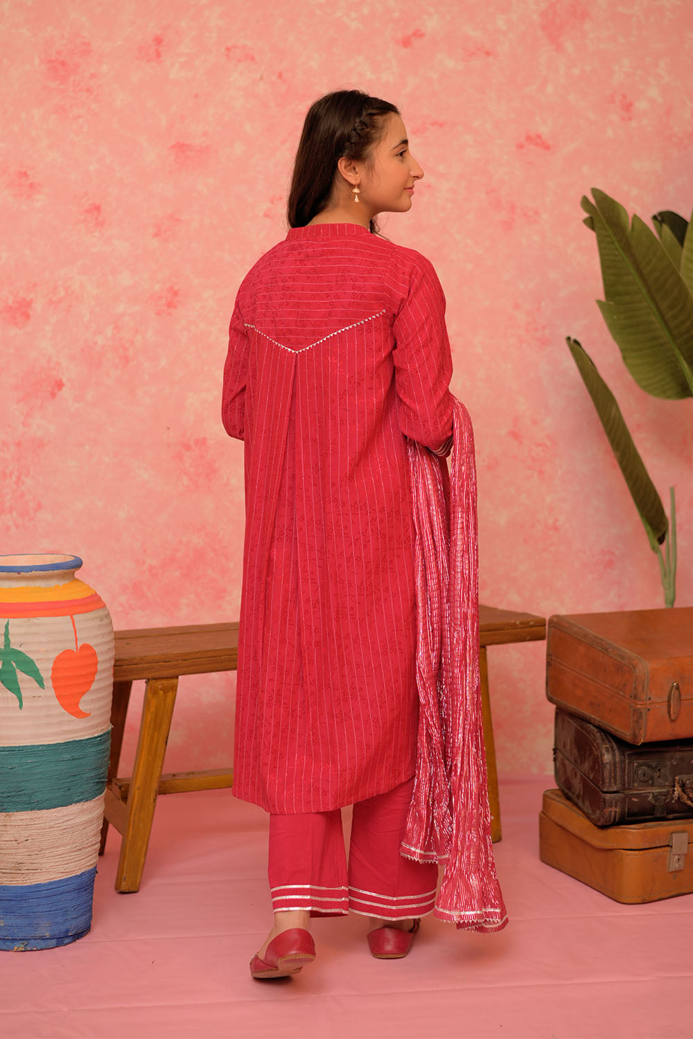 Cotton Viscose Filament Jacquard Shocking Pink Stitched Suit - Senorita