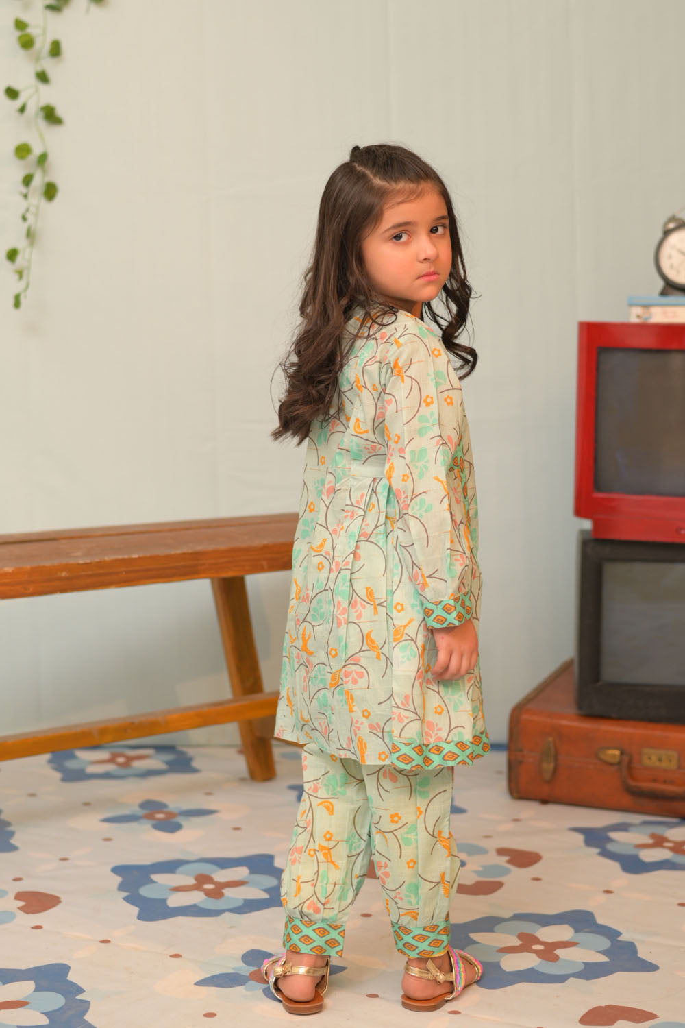 Cotton Dobby Print Sea Green Stitched Suit - Senorita