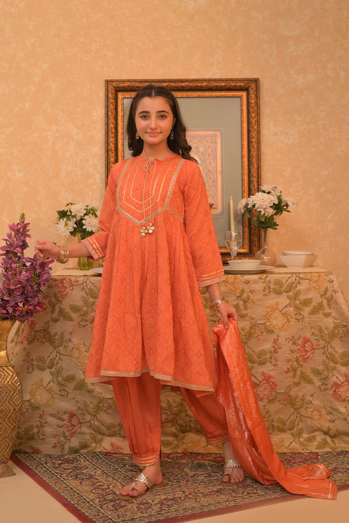 Viscose Cotton Filament Jacquard Orange & Gold Stitched Suit - Senorita