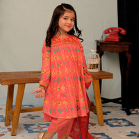 Cotton Lawn Gold Printed Peach Stitched Suit - Senorita