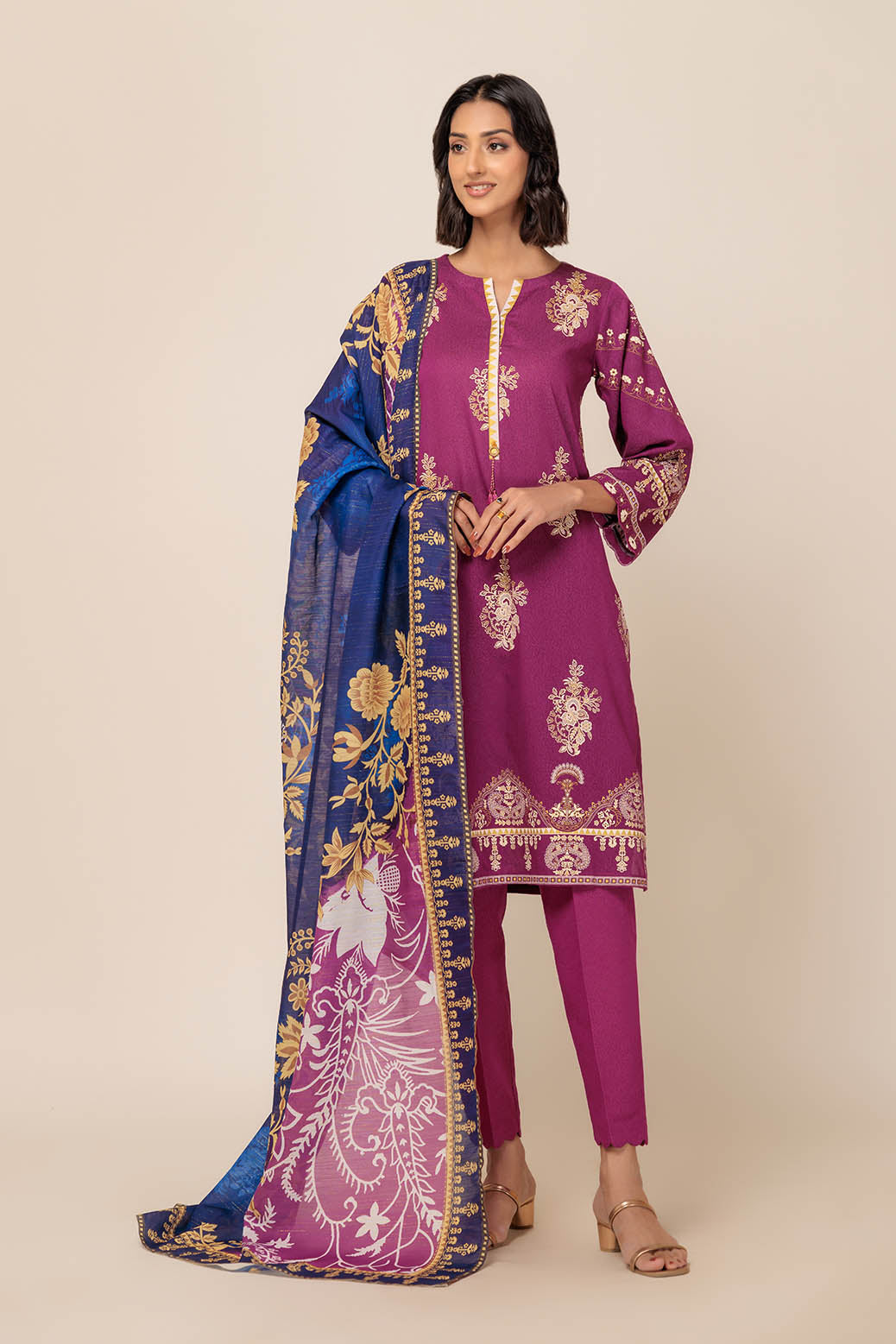 Printed Ayudia Purple Unstitched Suit - Bonanza