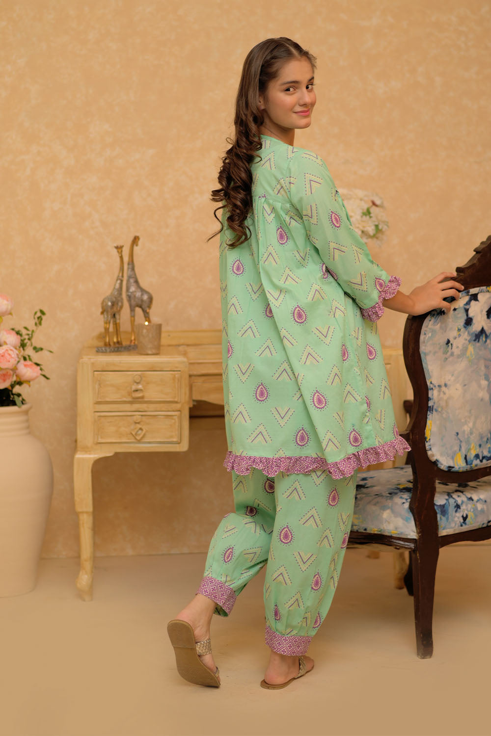 Cotton Dobby Print Light Green Stitched Suit - Senorita