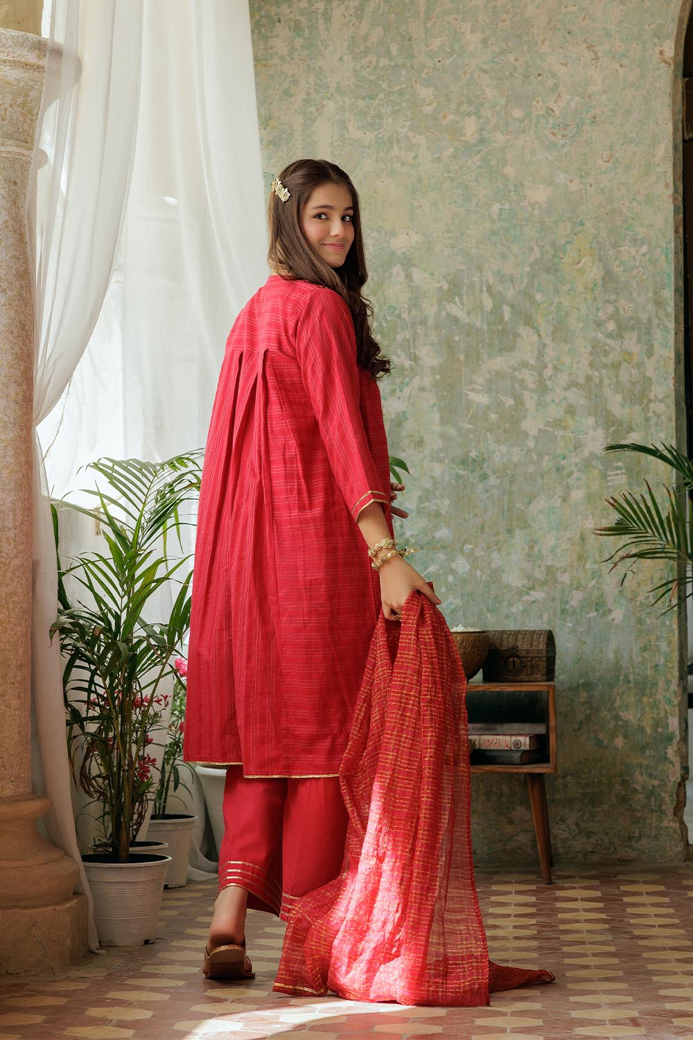 Cotton Lawn Gold Printed Red Stitched Suit - Senorita
