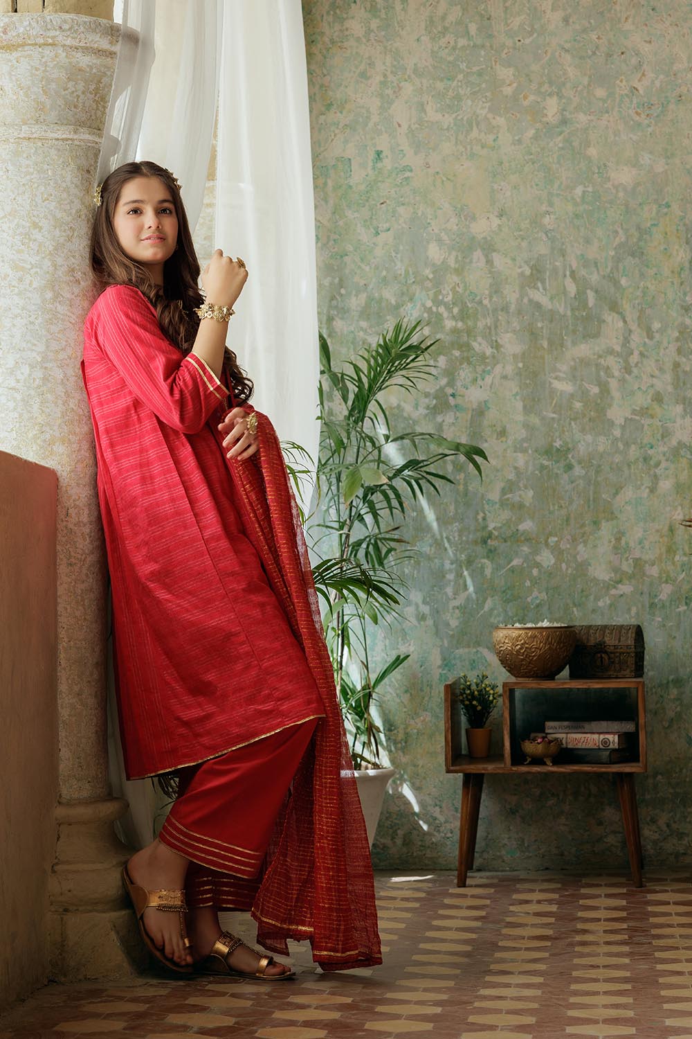 Cotton Lawn Gold Printed Red Stitched Suit - Senorita