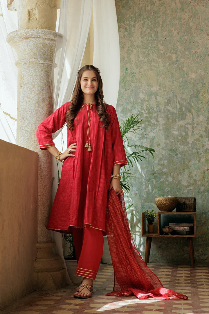 Cotton Lawn Gold Printed Red Stitched Suit - Senorita