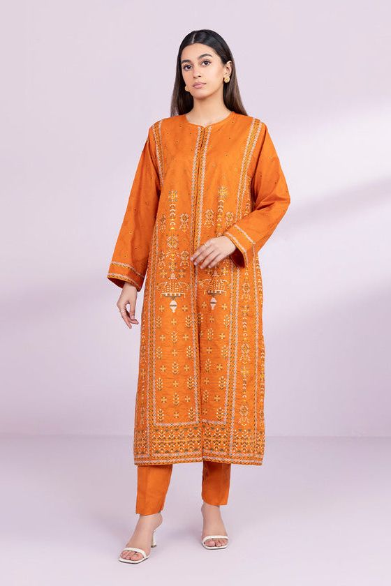 Emboidered Jacquard Orange 2 Piece Suit - Sapphire