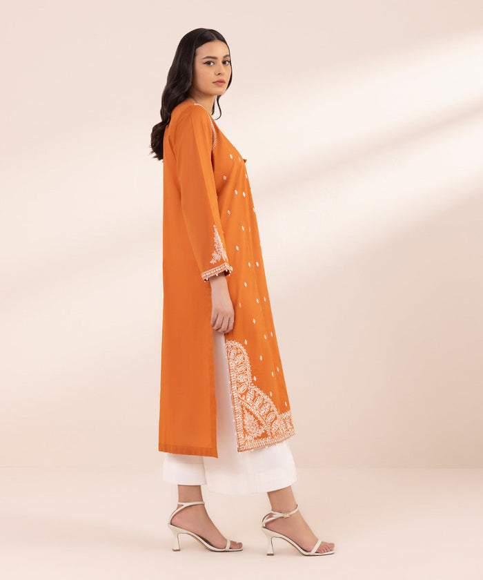 Embroidered Lawn Orange Stitched Suit - Sapphire