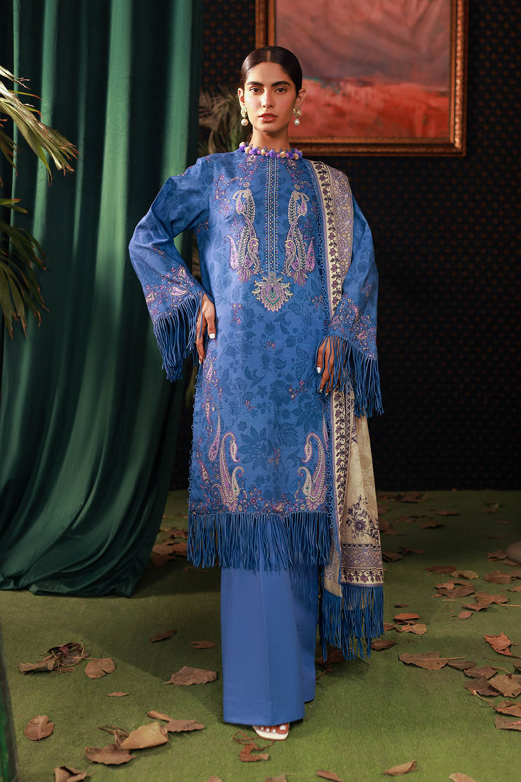 Khaddar Blue Unstitched Suit - Bonanza