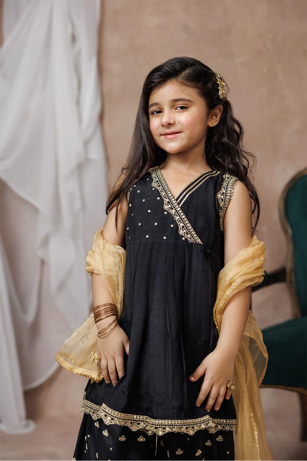 Viscose Raw Silk Black & Gold Stitched Suit - Senorita