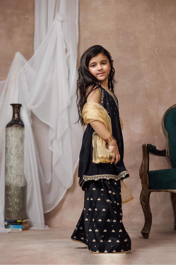Viscose Raw Silk Black & Gold Stitched Suit - Senorita
