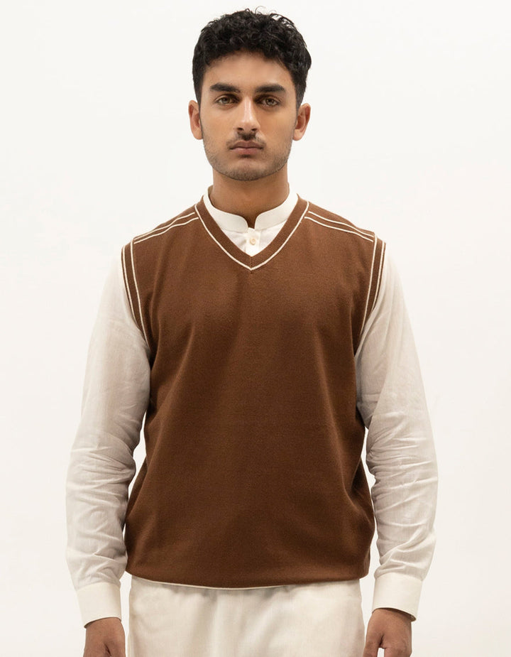 GEMINI - BROWN V-NECK SWEATER - J. Junaid Jamshed