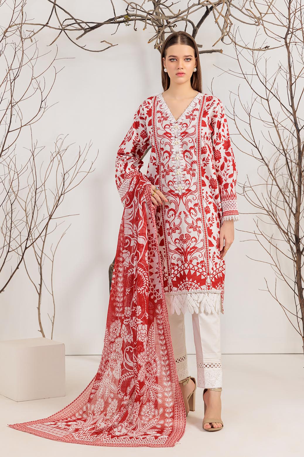 Printed Textured Cambric White Unstitched Suit - Bonanza