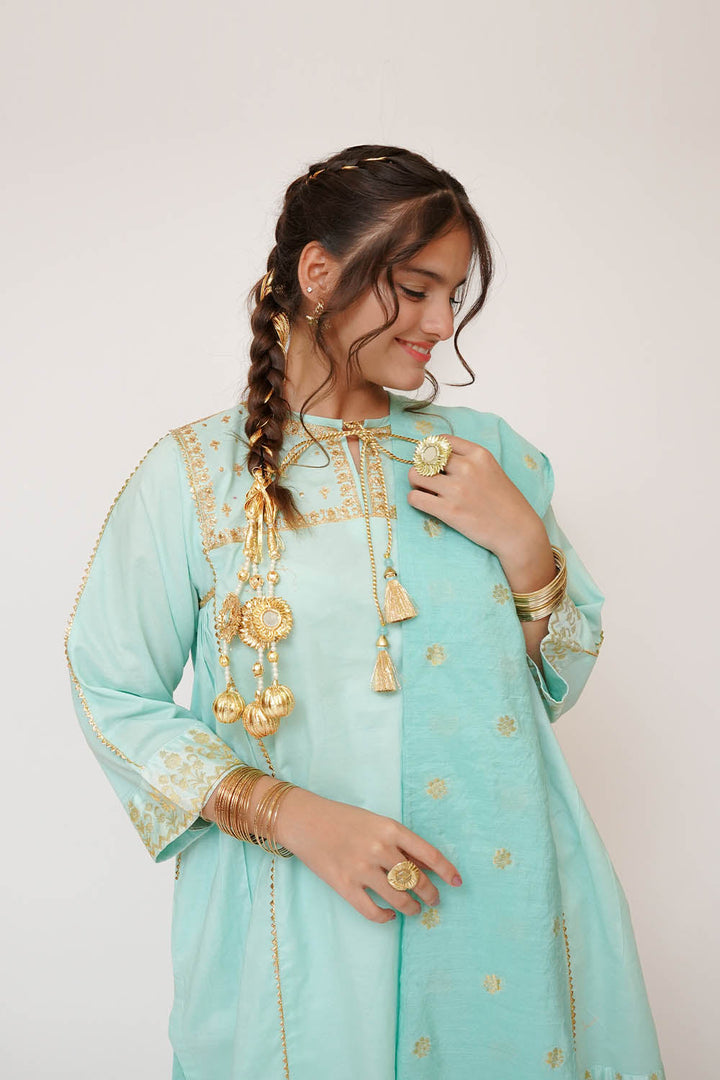 Cotton Plain with Banarsi Borders Sea Green Stitched Suit - Senorita